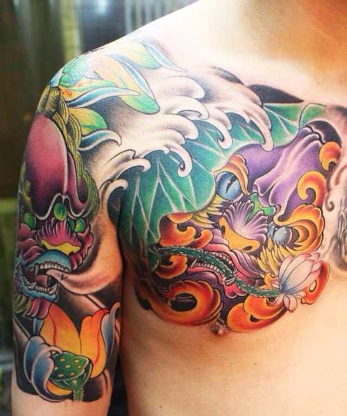 传统中国风唐狮半甲纹身