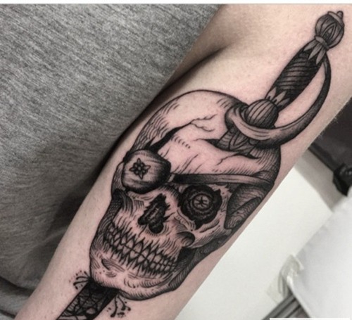 手臂上潮流个性的骷髅纹身图案