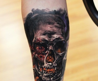 手臂上潮流个性的骷髅纹身图案