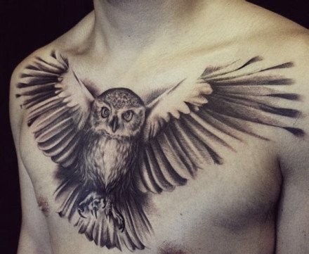 男士胸前潮流时尚的猫头鹰纹身