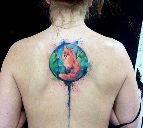 背部漂亮唯美的泼墨水彩纹身图案