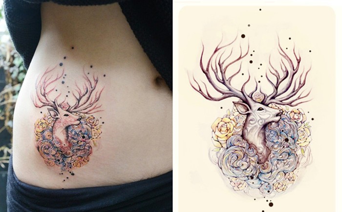 唯美的麋鹿泼墨水彩纹身图案