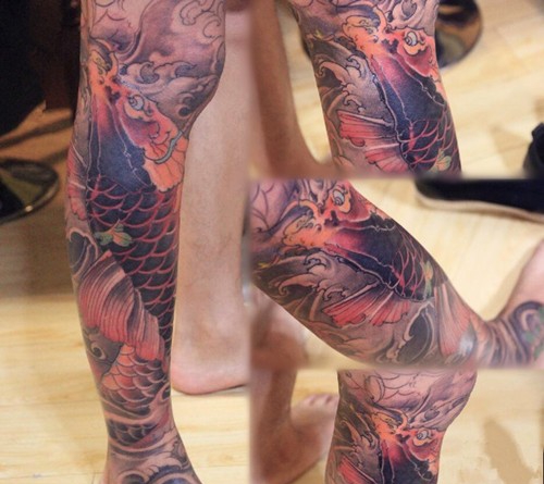 栩栩如生的鲤鱼包小腿纹身图案