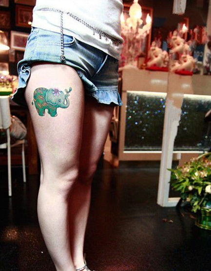 女生夏日清爽绿色小象纹身