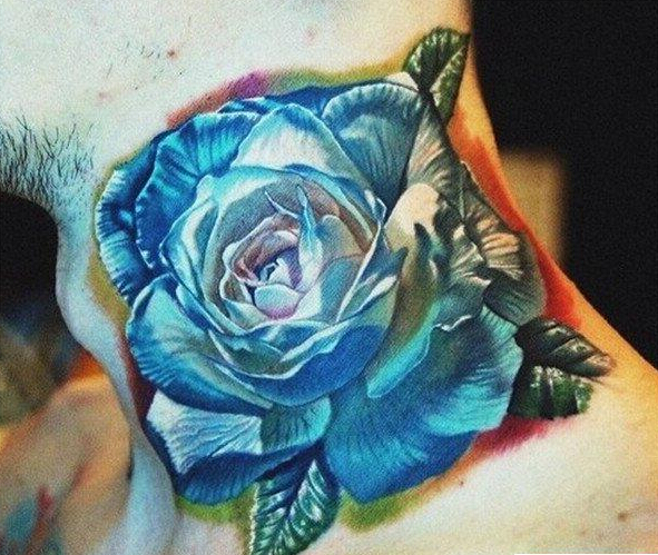 脖子彩色玫瑰花纹身图案