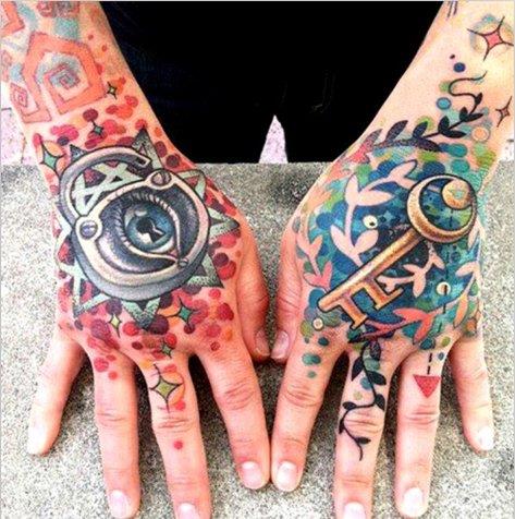 手背上独特西洋彩色纹身图案