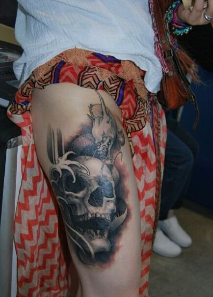 大腿惊悚的死神骷髅纹身图案