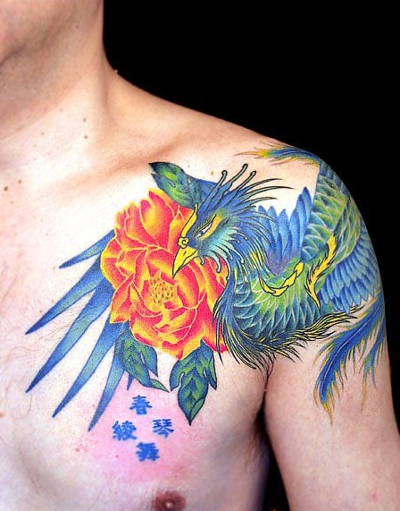 过肩凤凰牡丹纹身图案
