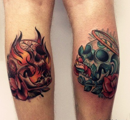 腿部漂亮潮流的情侣欧美骷髅纹身图案