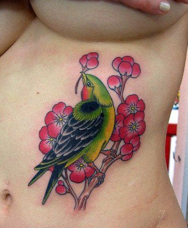 女性腹部彩色小鸟纹身图案