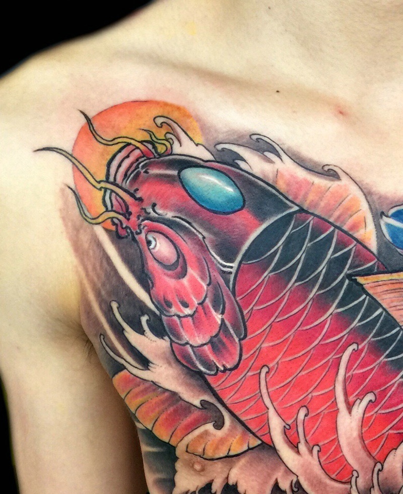炫丽无比的胸前彩色大鲤鱼纹身