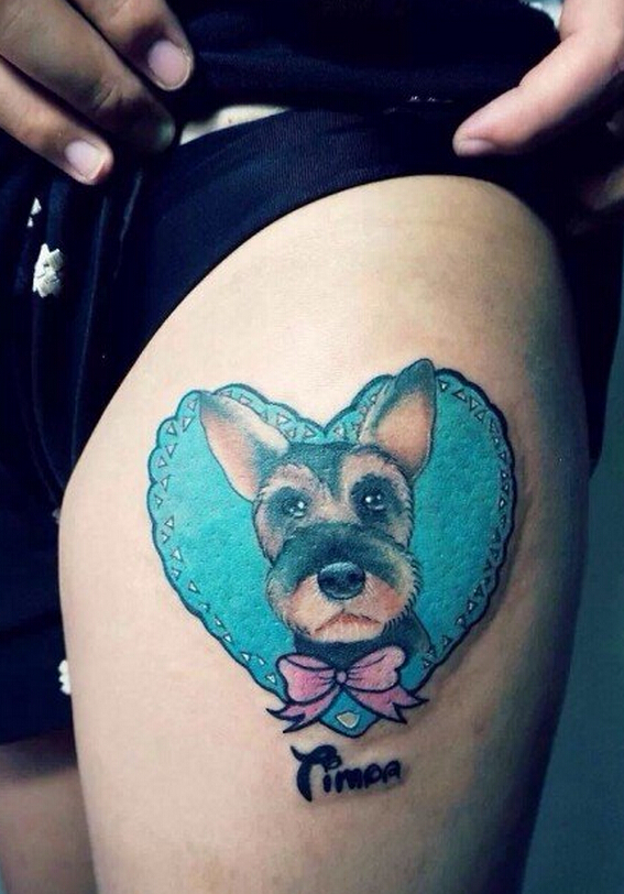 腿部彩色爱心卡通狗狗纹身图案