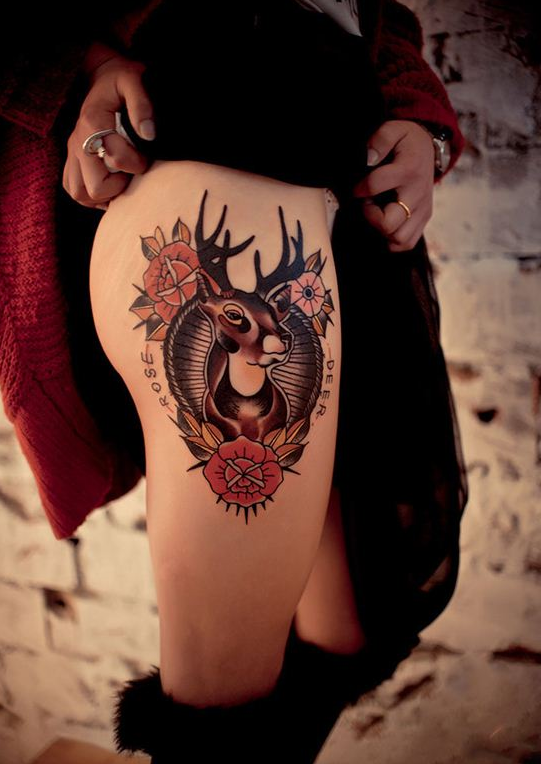 性感大腿麋鹿头像纹身图案