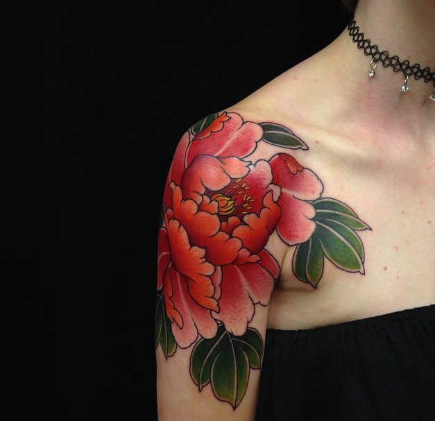 一组花中之王的漂亮牡丹花刺青