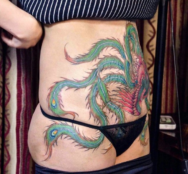 辣妈必备彩色凤凰腹部纹身图案