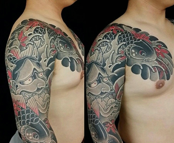 鲤鱼与般若一起的半甲纹身图案