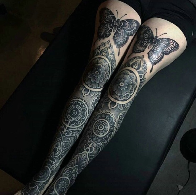 一组对称梵花曼达拉纹身图片时尚大方