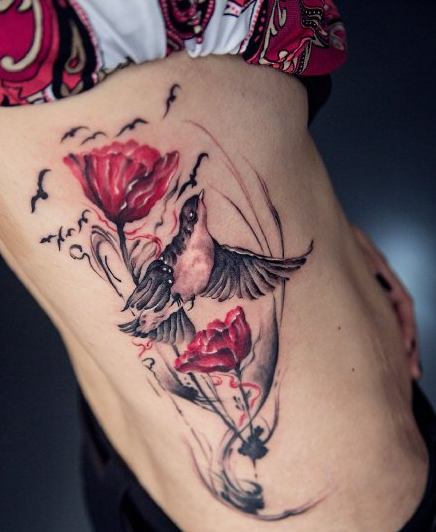 水墨黄鹂鸟莲花纹身图案