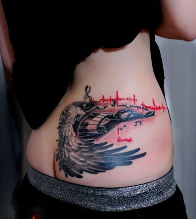 腰部翅膀韵动键盘纹身图案