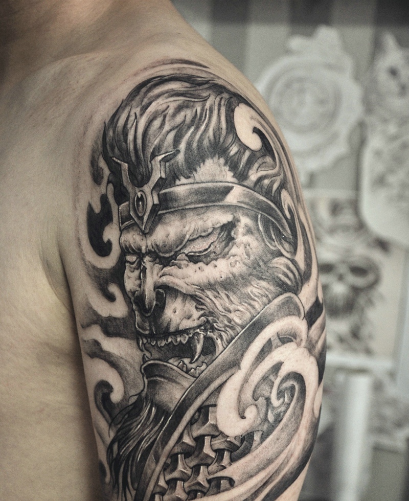 大臂黑灰猴王纹身图案个性独霸