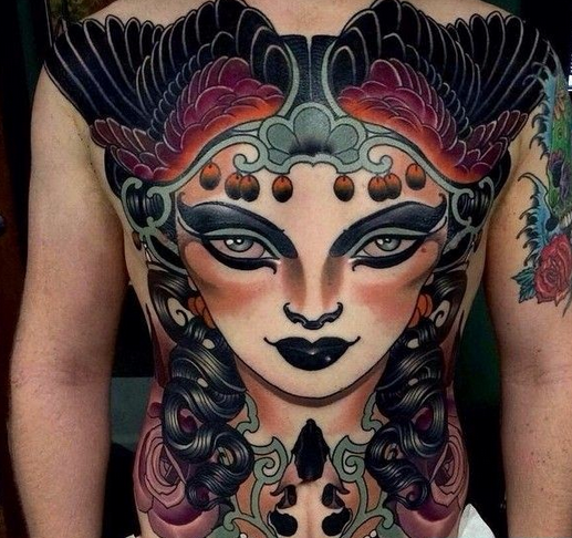 满背彩色女妖精翅膀纹身图案