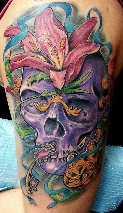 胳膊彩色骷髅头纹身图案