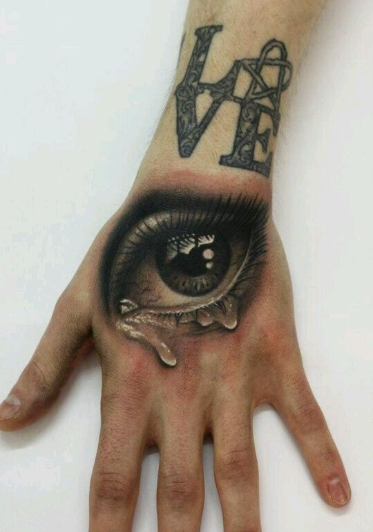 手背上逼真的3d眼睛纹身图案