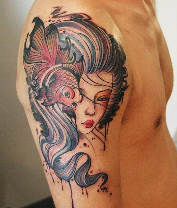 彩绘美女头像鱼纹身