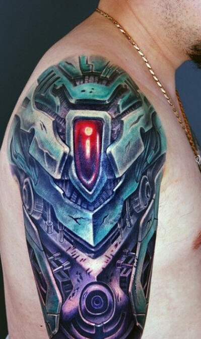 手臂彩色3D机械纹身图案