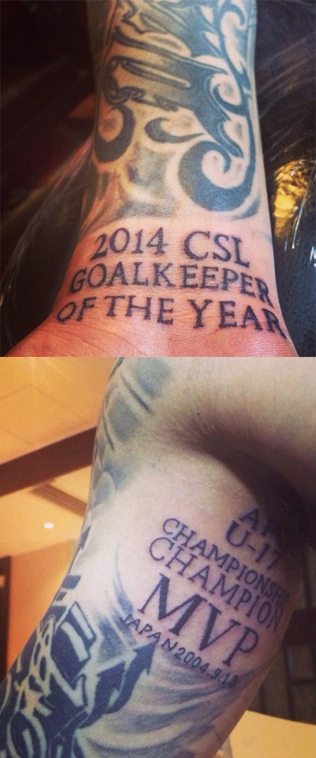 王大雷最佳门将和亚青赛MVP纹身