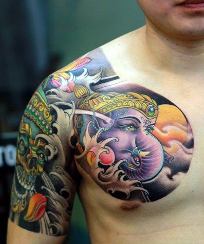 半甲彩色象神嘎巴拉纹身图案