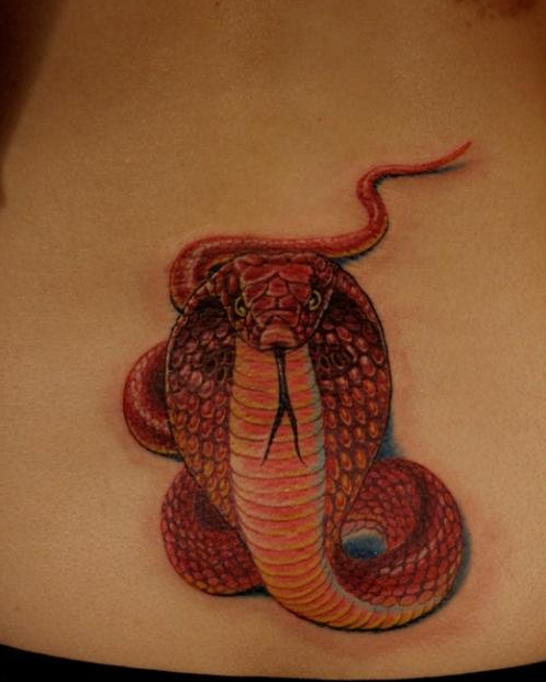 腰部好看的彩色眼镜蛇纹身图案