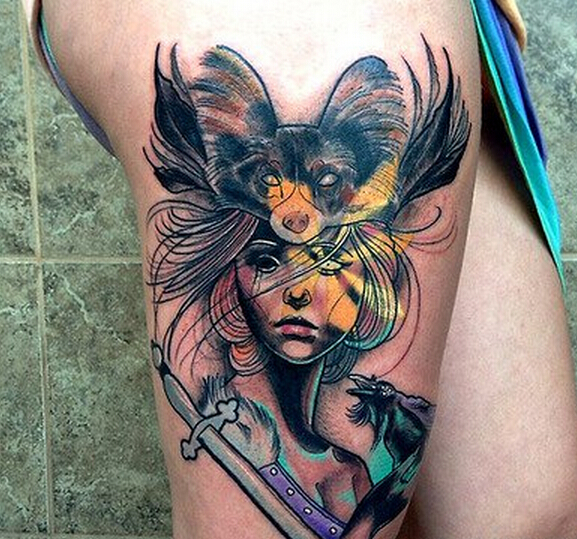 腿部个性女郎纹身图案