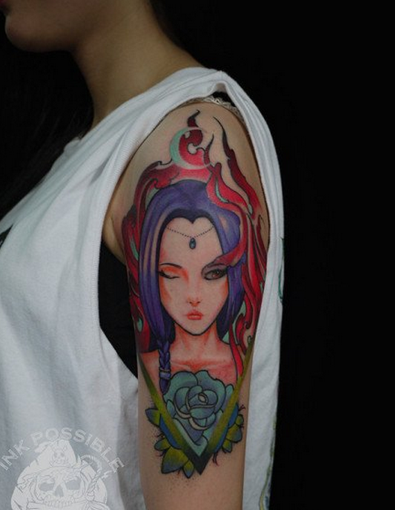 手臂彩色艺妓玫瑰纹身图案