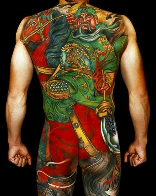 满背彩色三国人物关公纹身图案