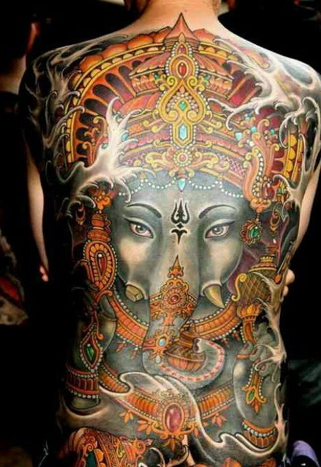 彩色满背象神纹身图案