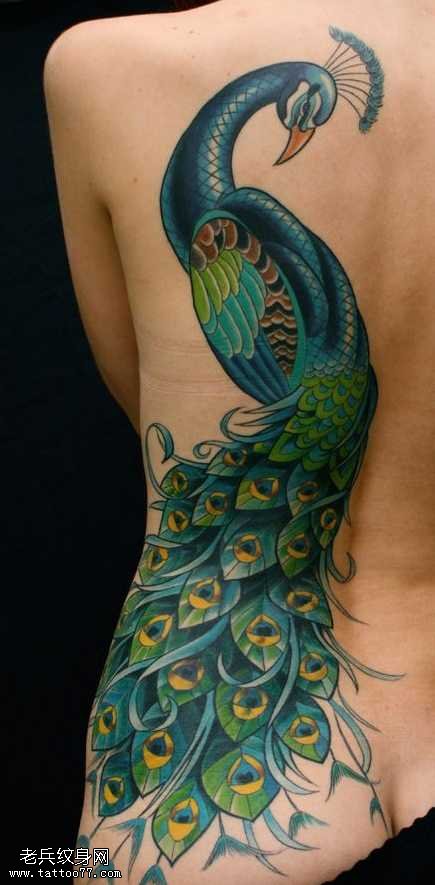 腰部漂亮的花孔雀纹身图案