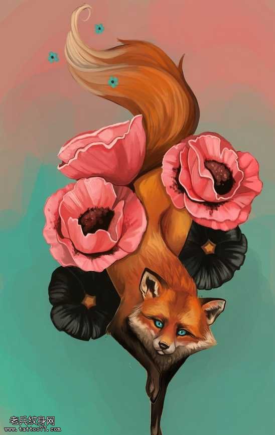手稿玫瑰狐狸纹身图案
