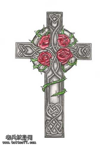手稿十字架玫瑰纹身图案