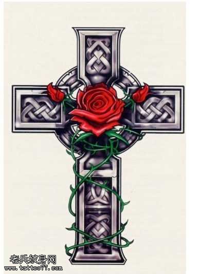 铁十字架玫瑰纹身图案