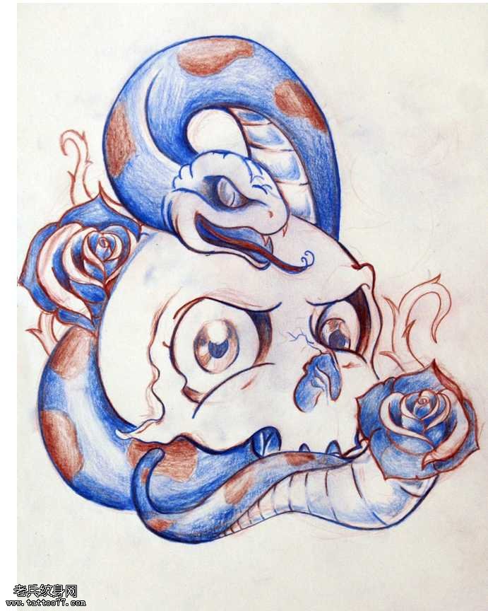 手稿骷髅蛇玫瑰纹身图案