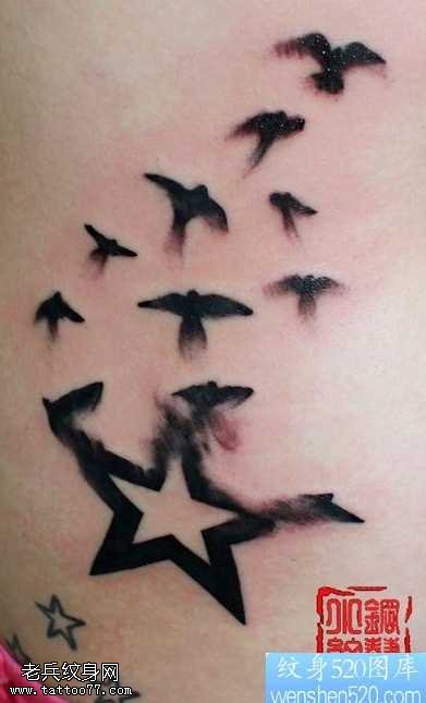 腰部一幅五角星化小鸟纹身图案