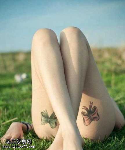腿部潮流流行的蝴蝶结纹身图案