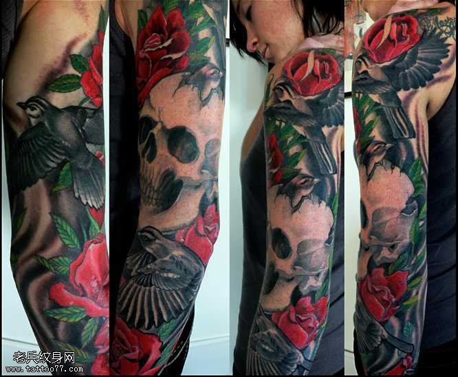 胳膊乌鸦骷髅纹身图案