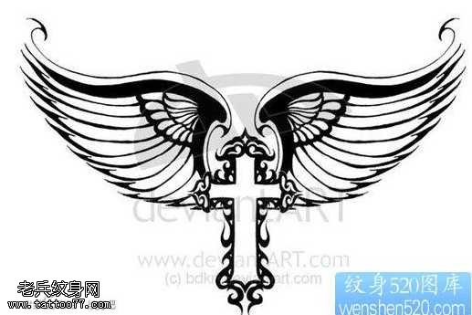 手稿十字架翅膀纹身图案