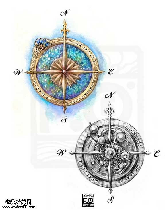 手稿漂亮指南针纹身图案