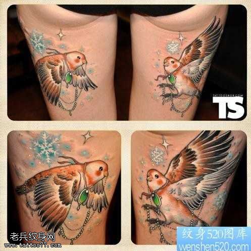 腿部精美鸽子纹身图案
