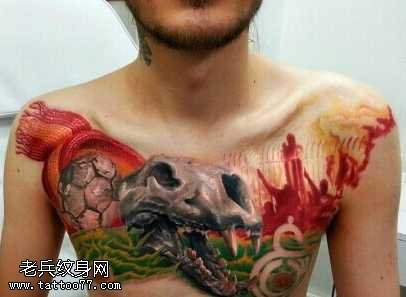 胸部远古恐龙时代纹身图案