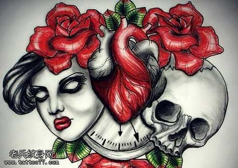 手稿女郎骷髅纹身图案