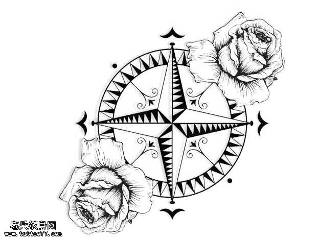 手稿玫瑰指南针纹身图案